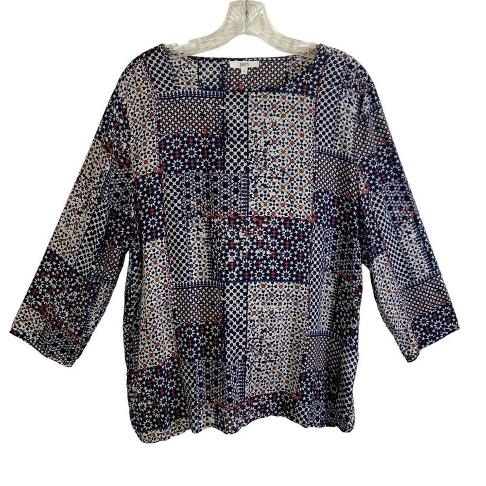 Jake's Womens Size M Blue Patchwork 3/4 Sleeve Wide Neck Loose Fit Blouse Top